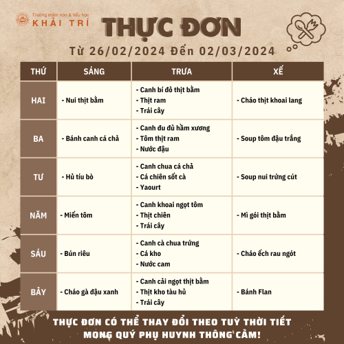 Thực Đơn Tuần Mới (Từ 26/02/2024 - 02/03/2024)